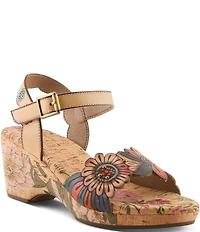 L'ARTISTE Luvinlife Hand-Painted Floral Embossed Leather Wedge Sandals