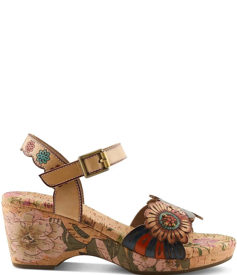 L'ARTISTE Luvinlife Hand-Painted Floral Embossed Leather Wedge Sandals