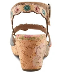 L'ARTISTE Luvinlife Hand-Painted Floral Embossed Leather Wedge Sandals