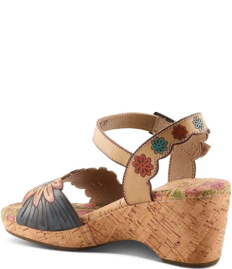 L'ARTISTE Luvinlife Hand-Painted Floral Embossed Leather Wedge Sandals