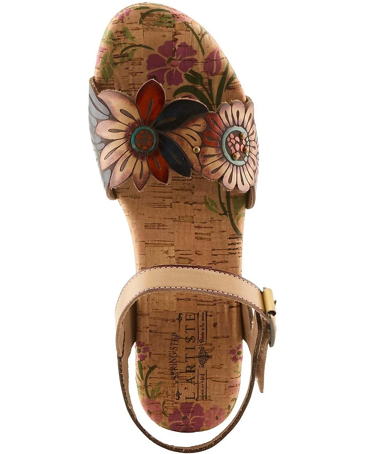 L'ARTISTE Luvinlife Hand-Painted Floral Embossed Leather Wedge Sandals