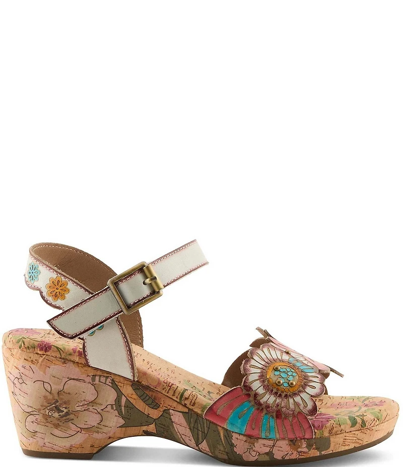 L'ARTISTE Luvinlife Hand-Painted Floral Embossed Leather Wedge Sandals