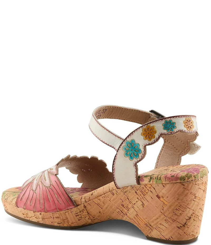 L'ARTISTE Luvinlife Hand-Painted Floral Embossed Leather Wedge Sandals