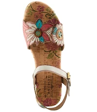 L'ARTISTE Luvinlife Hand-Painted Floral Embossed Leather Wedge Sandals