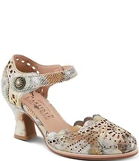 L'ARTISTE Luxe Laser Cut Painted Leather Salsa Heel Pumps