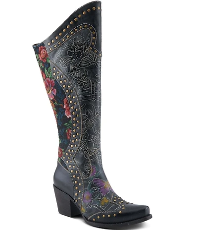 L'ARTISTE Mallorie Leather Floral and Butterfly Studded Western Tall Boots