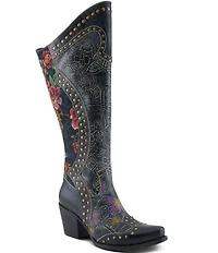 L'ARTISTE Mallorie Leather Floral and Butterfly Studded Western Tall Boots