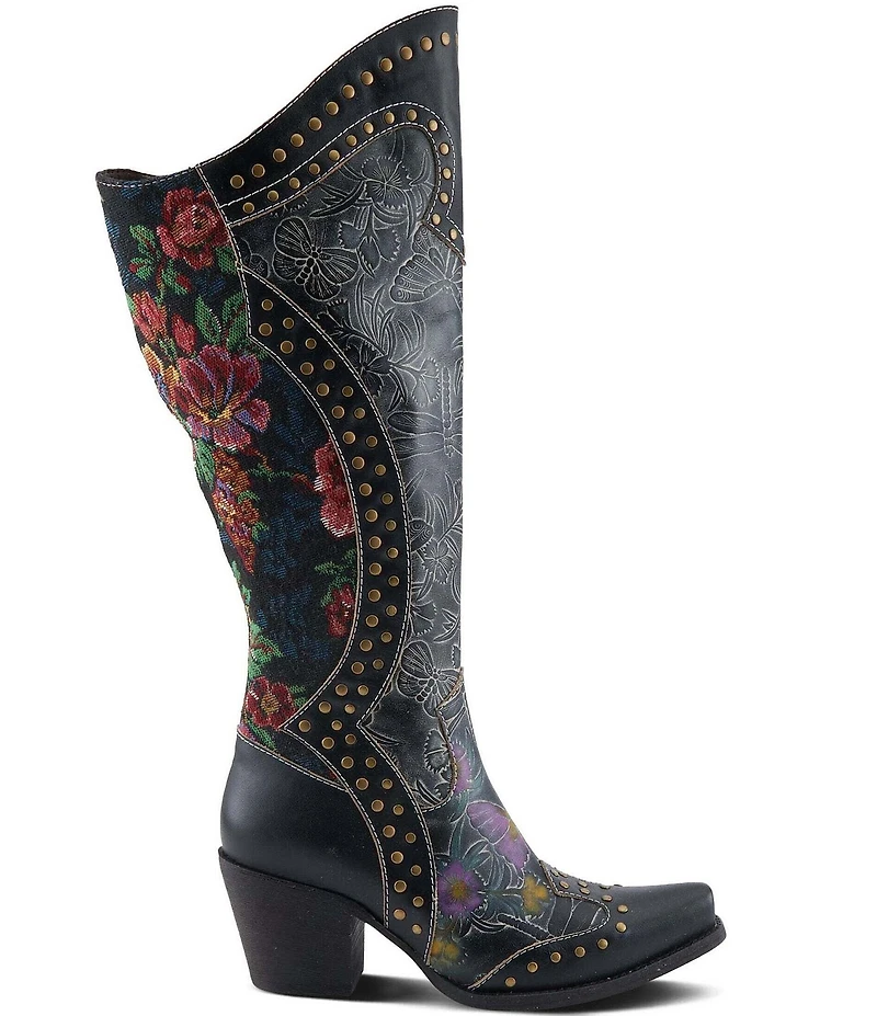 L'ARTISTE Mallorie Leather Floral and Butterfly Studded Western Tall Boots