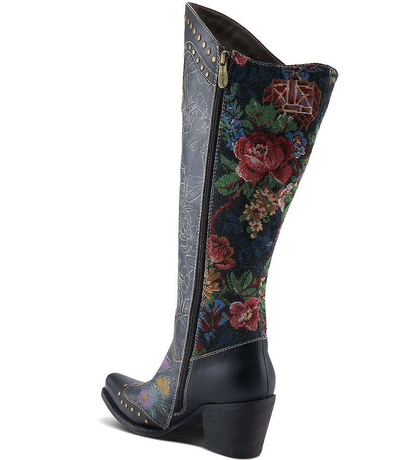 L'ARTISTE Mallorie Leather Floral and Butterfly Studded Western Tall Boots