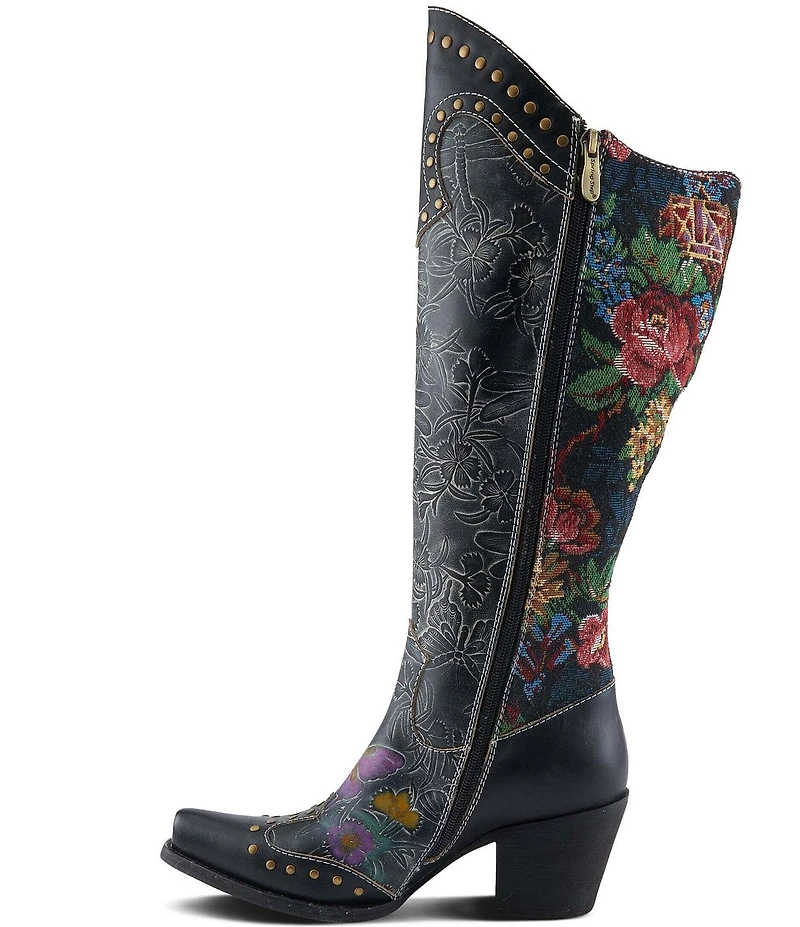 L'ARTISTE Mallorie Leather Floral and Butterfly Studded Western Tall Boots