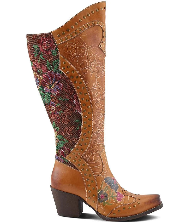 L'ARTISTE Mallorie Leather Floral and Butterfly Studded Western Tall Boots