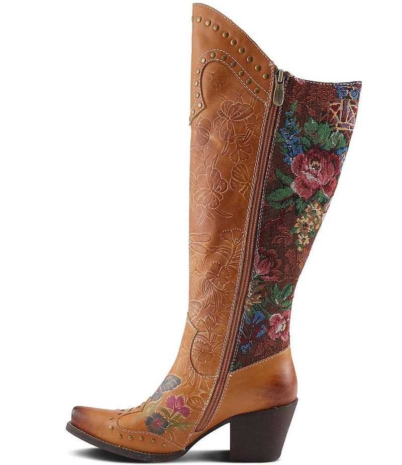 L'ARTISTE Mallorie Leather Floral and Butterfly Studded Western Tall Boots