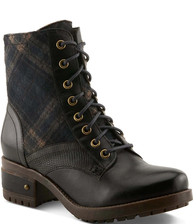 L'ARTISTE Marty Leather and Plaid Lace Up Combat Booties