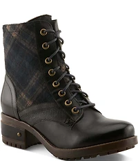 L'ARTISTE Marty Leather and Plaid Lace Up Combat Booties
