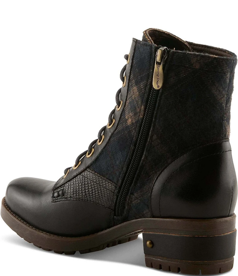 L'ARTISTE Marty Leather and Plaid Lace Up Combat Booties