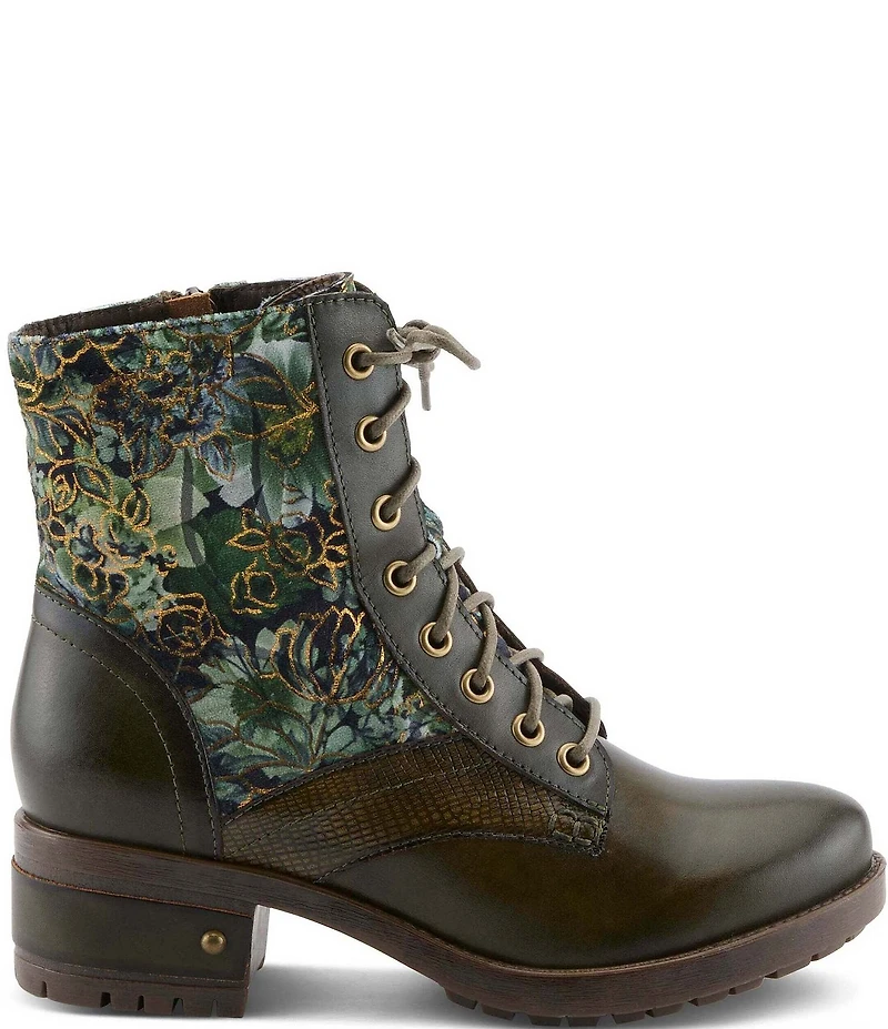 L'ARTISTE Marty Leather with Metallic Snake and Floral Print Combat Booties