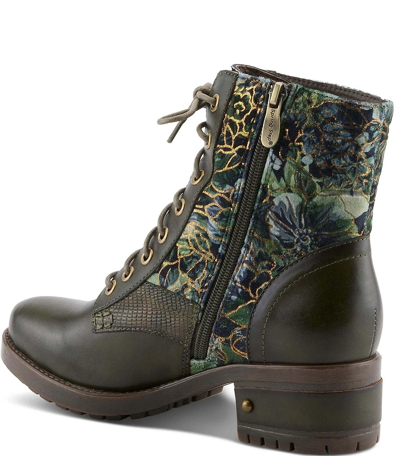 L'ARTISTE Marty Leather with Metallic Snake and Floral Print Combat Booties