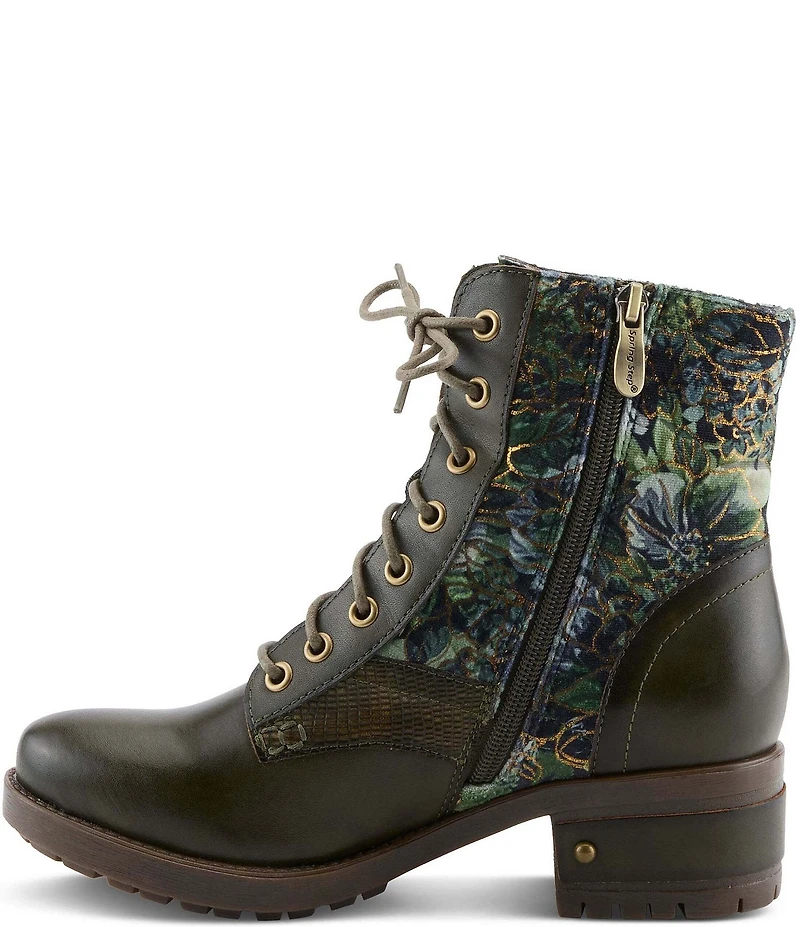 L'ARTISTE Marty Leather with Metallic Snake and Floral Print Combat Booties
