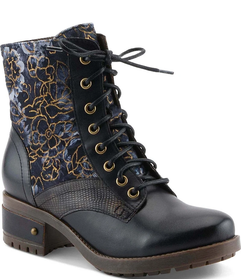 L'ARTISTE Marty Leather with Metallic Snake and Floral Print Combat Booties