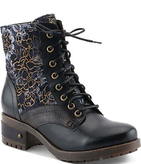 L'ARTISTE Marty Leather with Metallic Snake and Floral Print Combat Booties