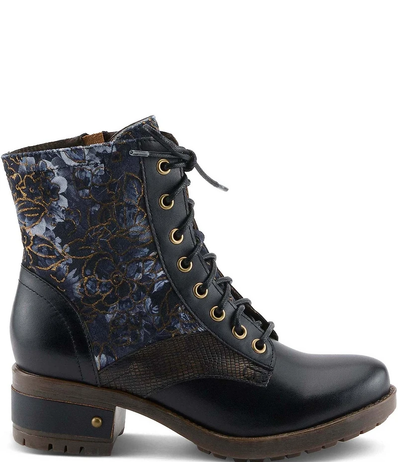 L'ARTISTE Marty Leather with Metallic Snake and Floral Print Combat Booties