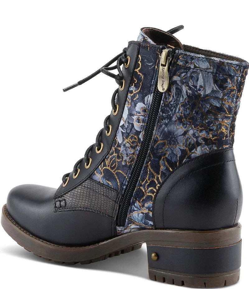 L'ARTISTE Marty Leather with Metallic Snake and Floral Print Combat Booties