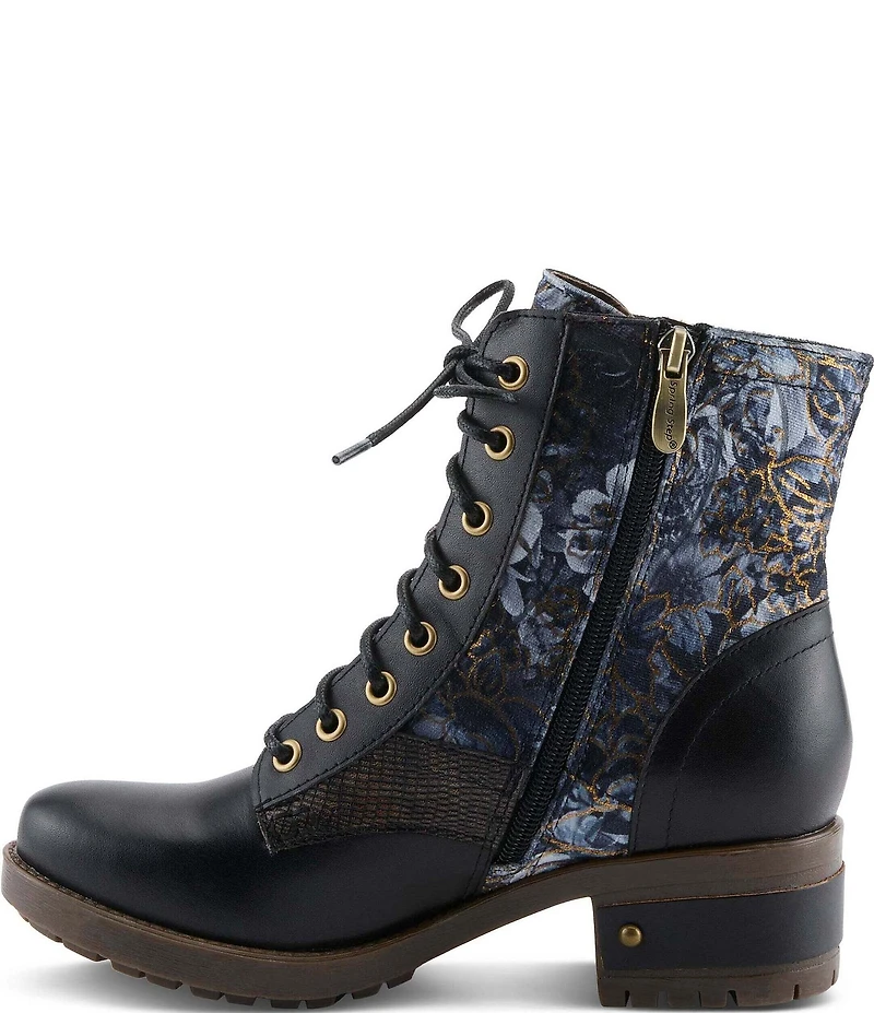 L'ARTISTE Marty Leather with Metallic Snake and Floral Print Combat Booties