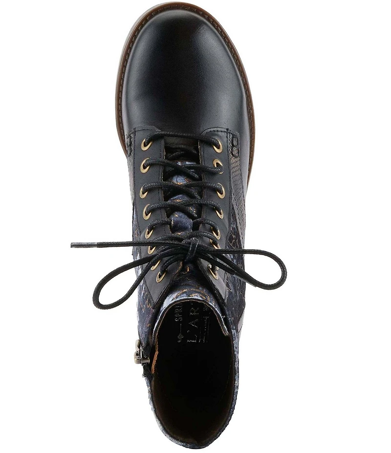 L'ARTISTE Marty Leather with Metallic Snake and Floral Print Combat Booties