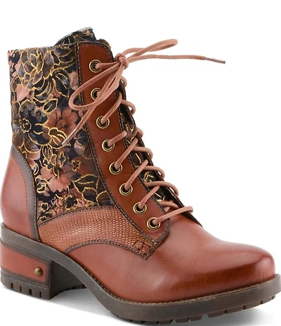 L'ARTISTE Marty Leather with Metallic Snake and Floral Print Combat Booties