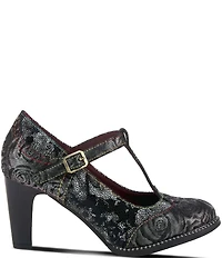 L'ARTISTE Mazie Floral Metallic Print Leather T-Strap Pumps