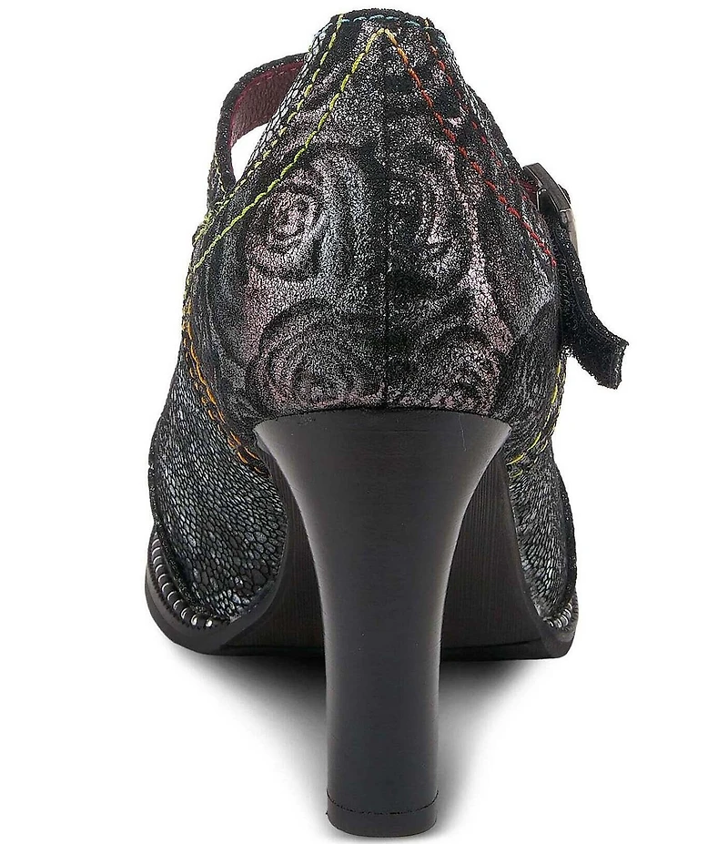 L'ARTISTE Mazie Floral Metallic Print Leather T-Strap Pumps