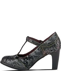 L'ARTISTE Mazie Floral Metallic Print Leather T-Strap Pumps