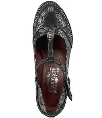 L'ARTISTE Mazie Floral Metallic Print Leather T-Strap Pumps
