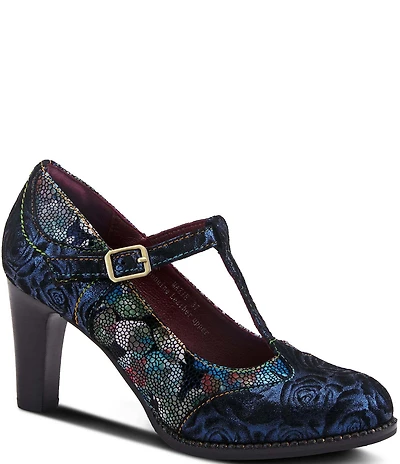 L'ARTISTE Mazie Floral Metallic Print Leather T-Strap Pumps