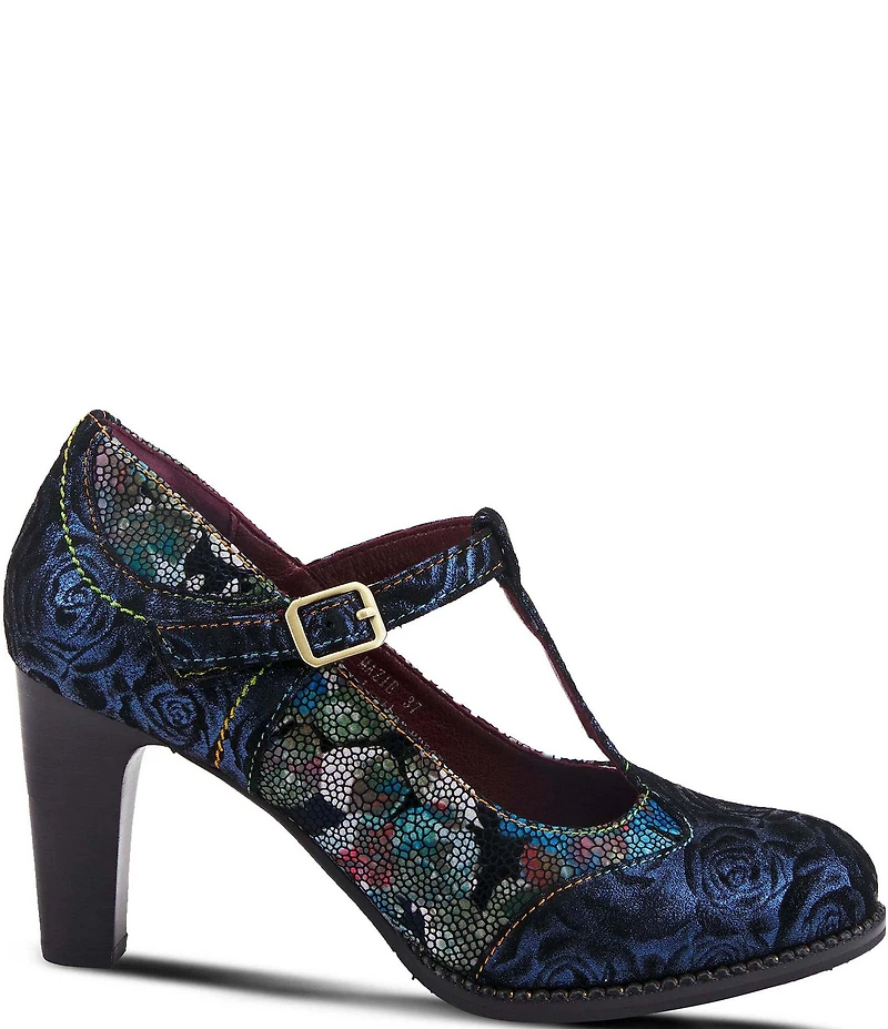 L'ARTISTE Mazie Floral Metallic Print Leather T-Strap Pumps