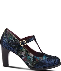 L'ARTISTE Mazie Floral Metallic Print Leather T-Strap Pumps