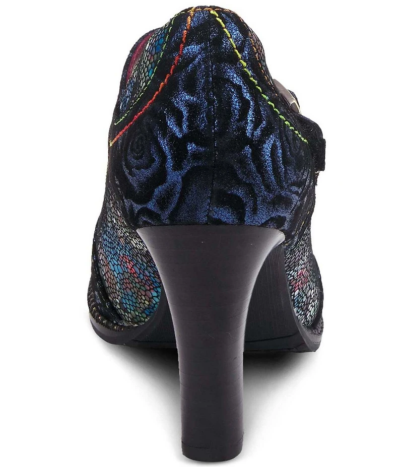 L'ARTISTE Mazie Floral Metallic Print Leather T-Strap Pumps