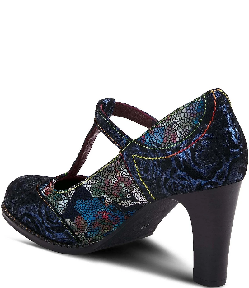 L'ARTISTE Mazie Floral Metallic Print Leather T-Strap Pumps