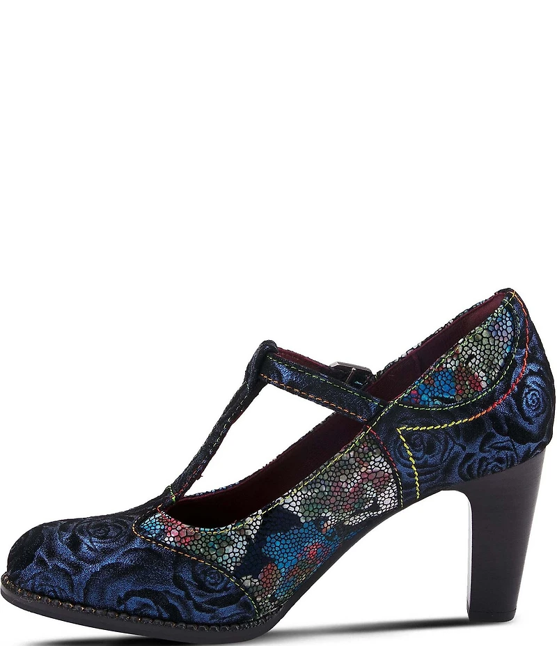 L'ARTISTE Mazie Floral Metallic Print Leather T-Strap Pumps