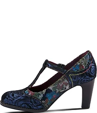 L'ARTISTE Mazie Floral Metallic Print Leather T-Strap Pumps