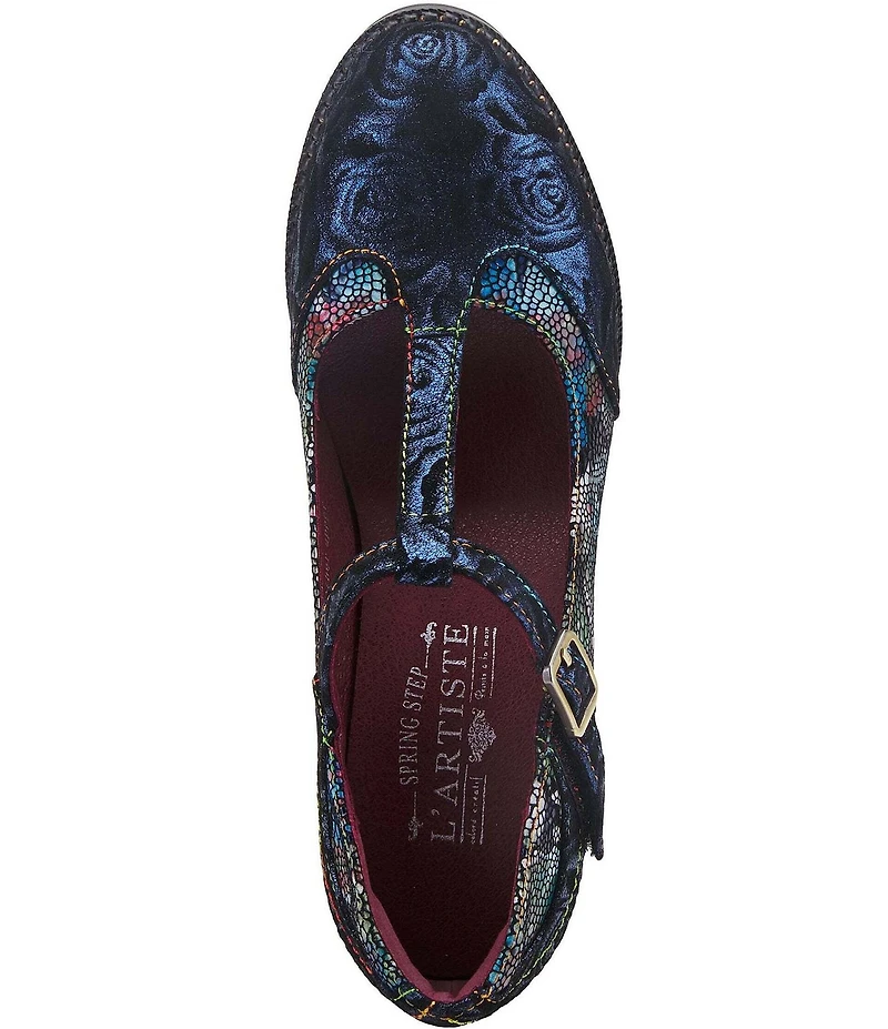 L'ARTISTE Mazie Floral Metallic Print Leather T-Strap Pumps
