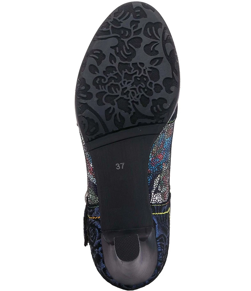L'ARTISTE Mazie Floral Metallic Print Leather T-Strap Pumps