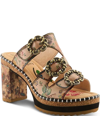 L'ARTISTE Milemarker Hand-Painted Floral Embossed Leather Platform Block Heel Sandals
