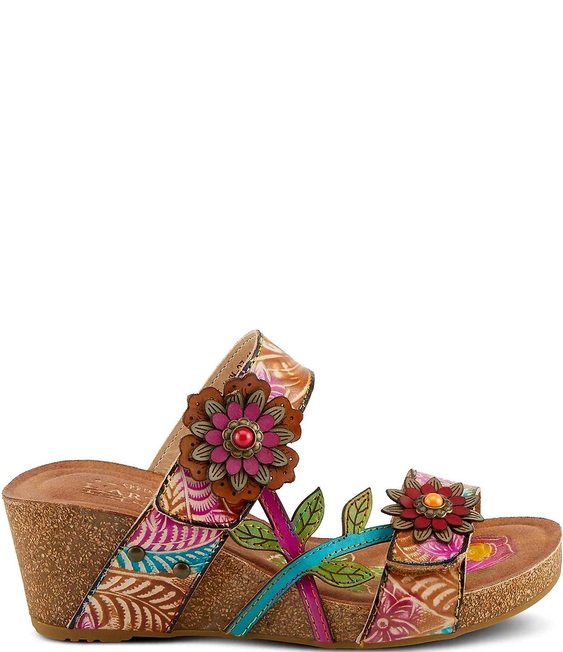 L'ARTISTE Moa Leather Floral Ornamented Wedge Slide Sandals