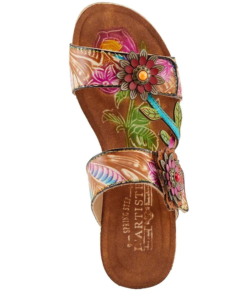 L'ARTISTE Moa Leather Floral Ornamented Wedge Slide Sandals
