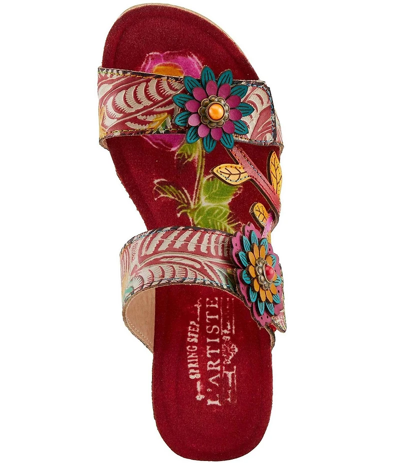 L'ARTISTE Moa Leather Floral Ornamented Wedge Slide Sandals