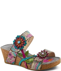 L'ARTISTE Moa Leather Floral Ornamented Wedge Slide Sandals