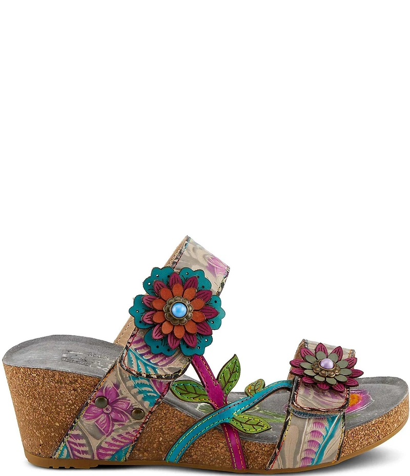 L'ARTISTE Moa Leather Floral Ornamented Wedge Slide Sandals