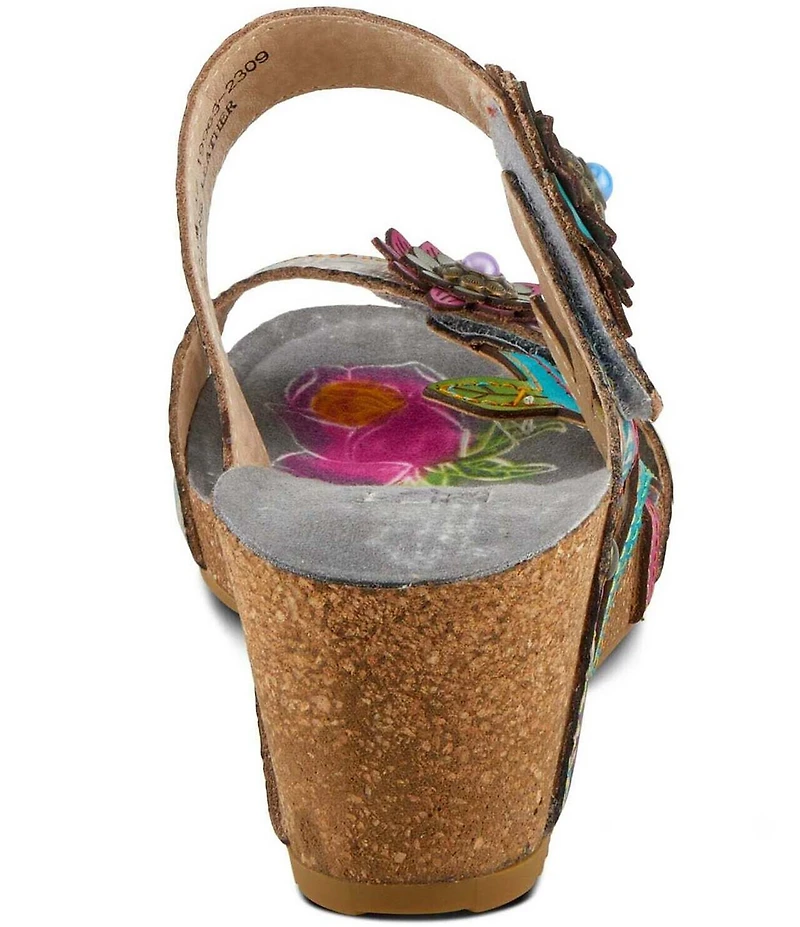 L'ARTISTE Moa Leather Floral Ornamented Wedge Slide Sandals