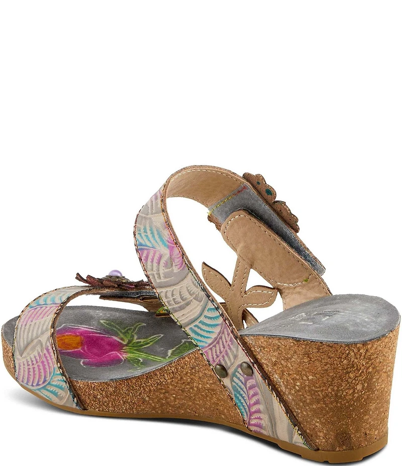 L'ARTISTE Moa Leather Floral Ornamented Wedge Slide Sandals